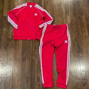 Girls Adidas Red 3 Stripe  2Pockets On Top & Bottoms, 2 Piece Joggers Set (M)